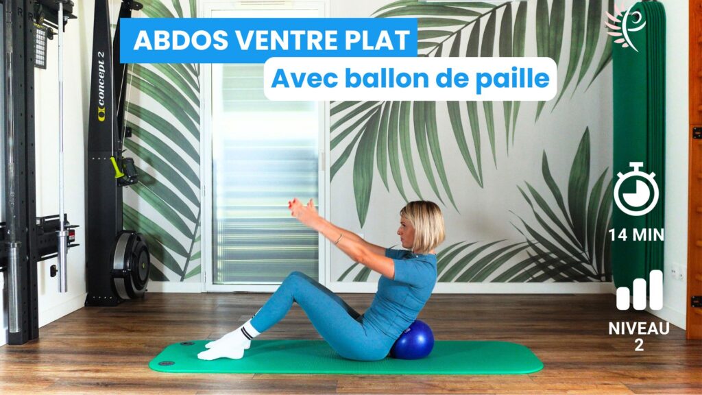 Renforcement abdominal profond avec ballon de paille. Cette séance utilise le ballon pour intensifier l'engagement du centre et accentuer le ressenti. Le ballon ajoute un défi de stabilité et favorise l'activation du transverse.
