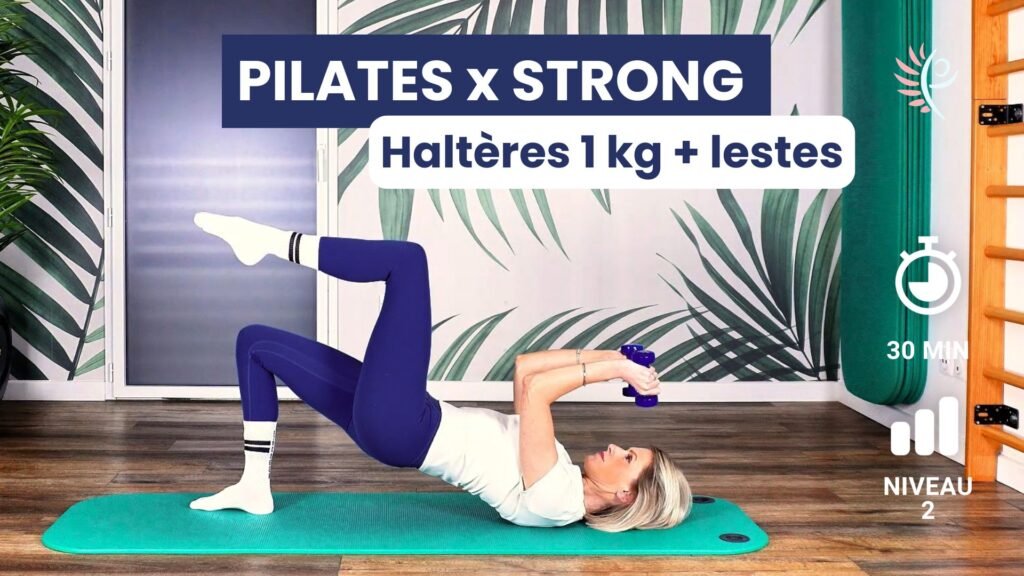 séance Pilates avec haltères de 1 kg et lestes pour renforcer tout le corps