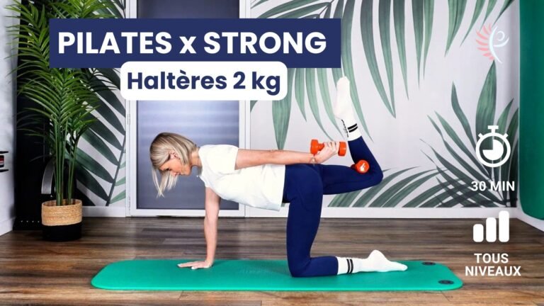 séance de Pilates avec haltères 2 kg pour renforcer tout le corps. programme périménopause